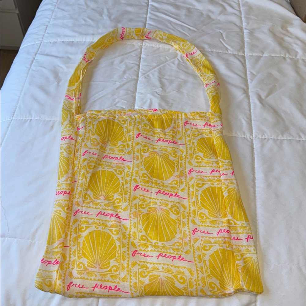 New- Free People Yellow Shell-Print Shoulder Tote with Pink Script